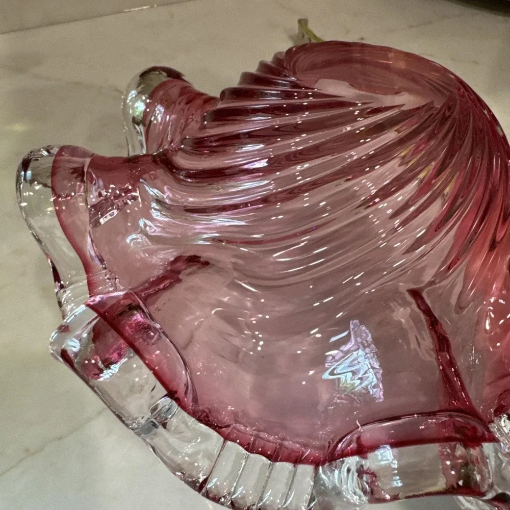 Chalet Canada Hand Made Candy Dish bowl Cranberry Swirl etched Vintage unmarked
